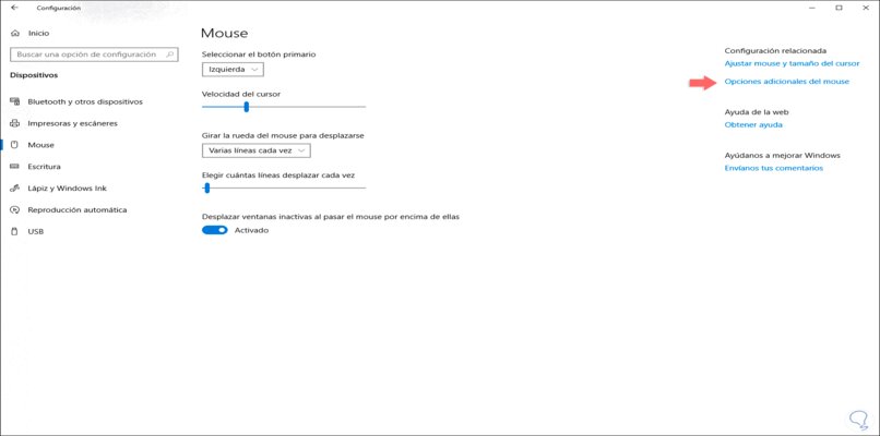 panel de opciones del mouse